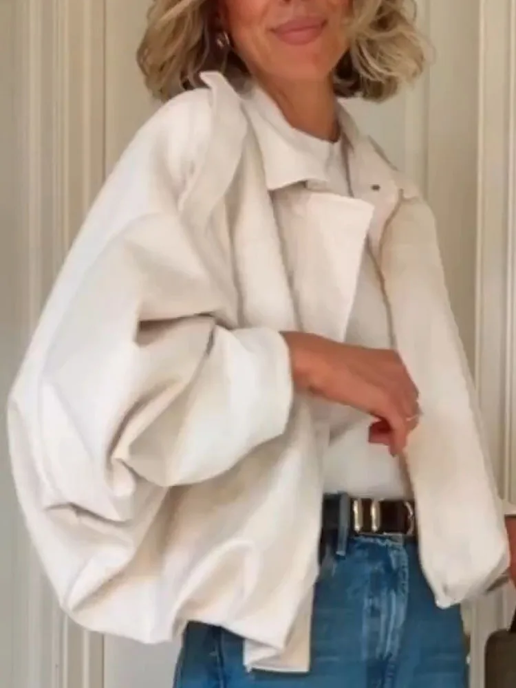 

Женская повседневная замшевая верхняя одежда с длинными рукавами, 2025 г., элегантная однотонная свободная куртка на молнии, осеннее модное пальто с воротником с лацканами для поездок на работу