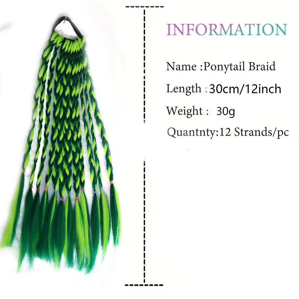 12 Inch Synthetic Pink Ombre Braided Ponytail Hair Extension for Women Mixed Color Pigtail with Elastic Hair Ring for Kids Rave