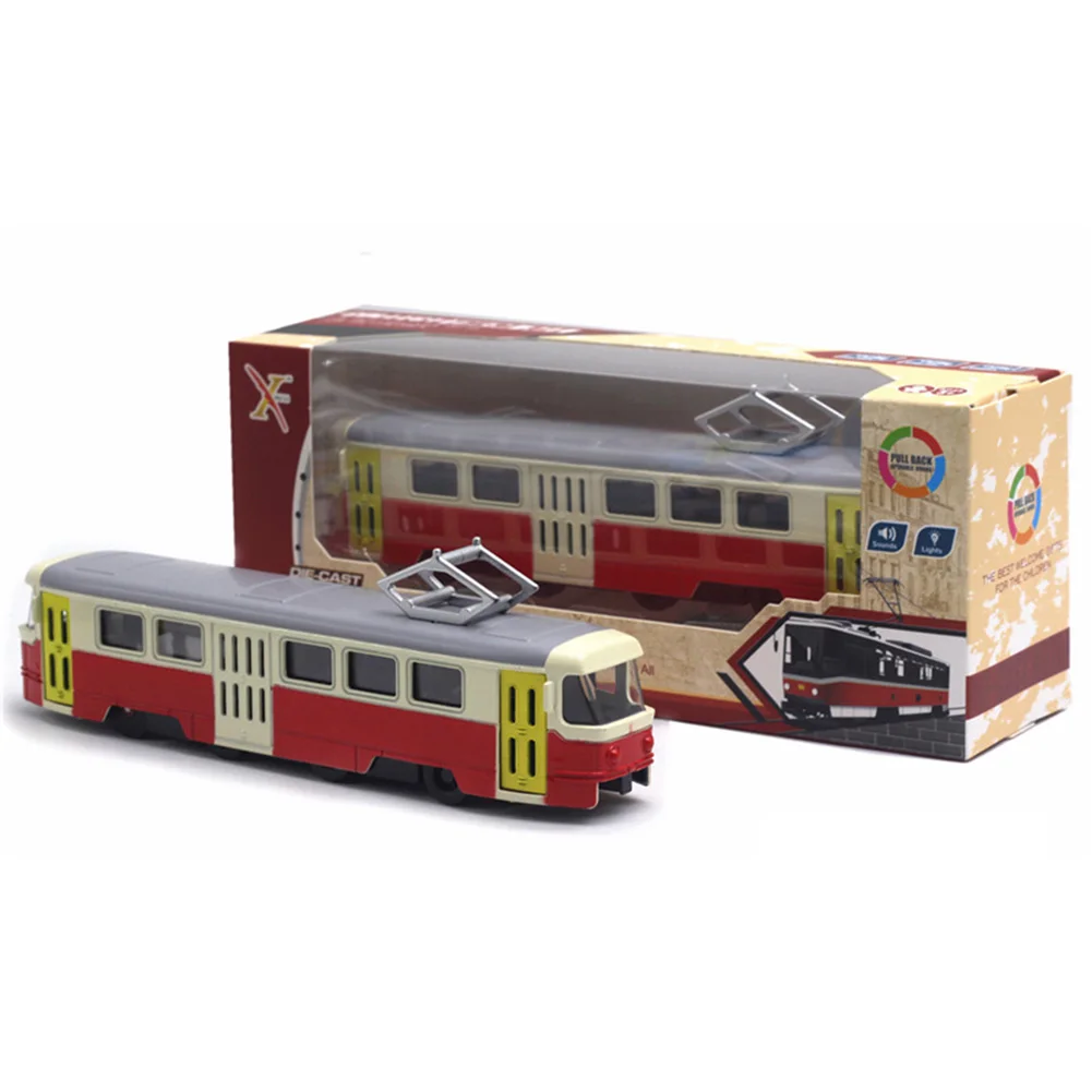 Classic Train Tram Diecast Pull Back Model Vehicle Toy Classical Locomotive with LED Sound Music Developmental Toy for Kids Gift