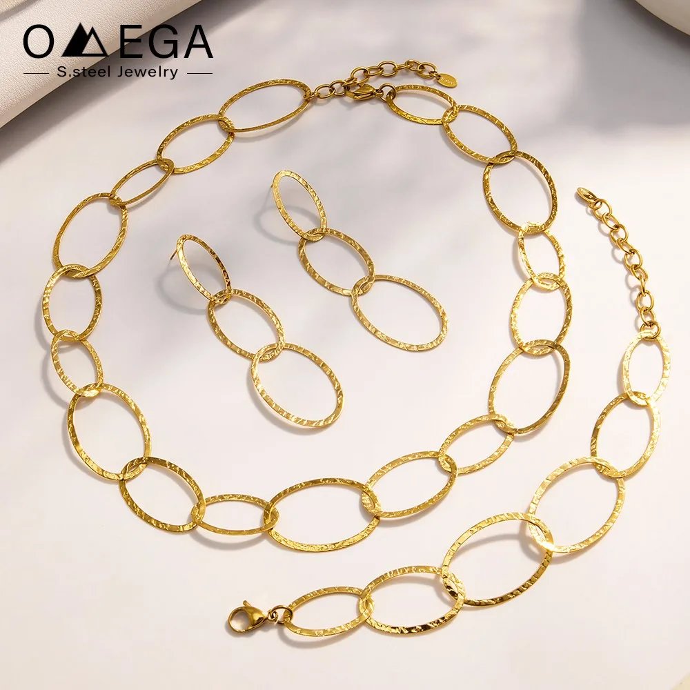 Image of Edelstahl ovale Kette Halskette Armband Ohrringe für Frauen 18 Karat vergoldet Halsketten Armbänder baumelnde Ohrringe Schmuckset