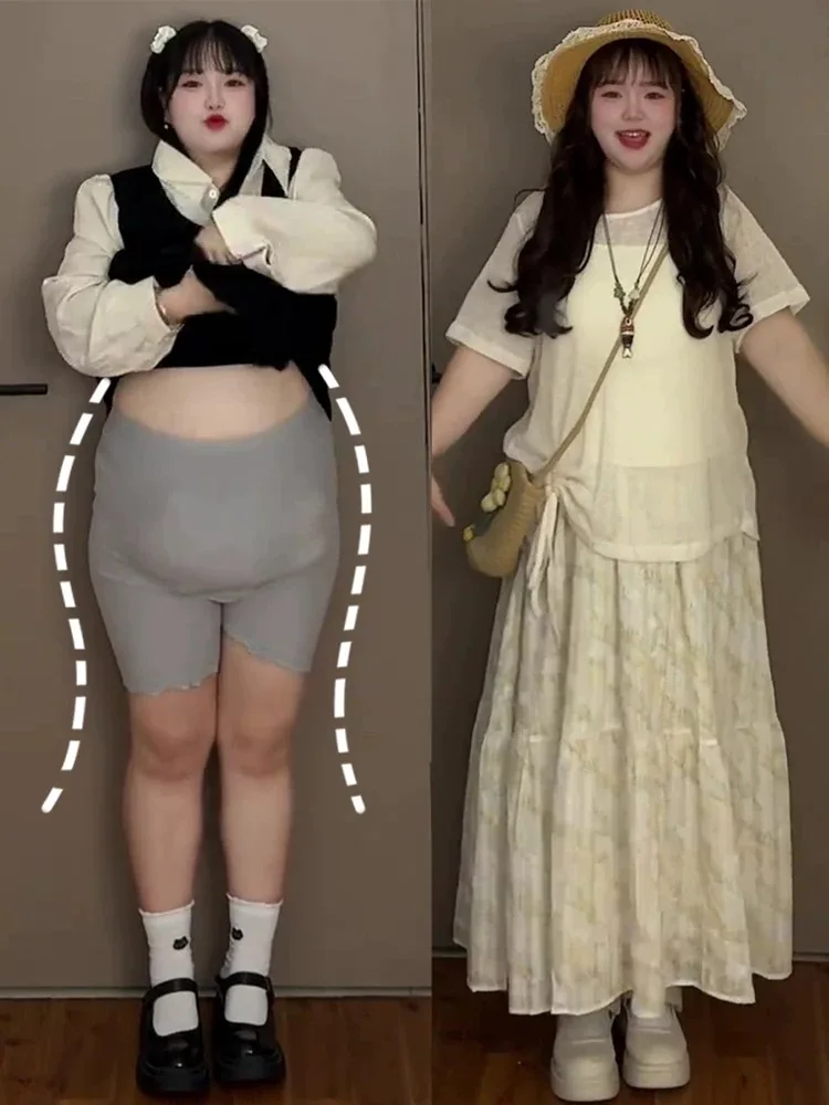 

plus Size Casual Fashion Set Women Summer Slimming Meat Covering High Waist Midi Skirt Top Bottom Three-piece Set Retro Style