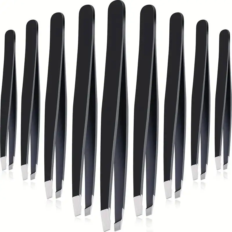 12Pcs Black Precision Eyebrow Tweezers Stainless Steel Slant Tip for Men and Women Facial Hair Removal and Shaping