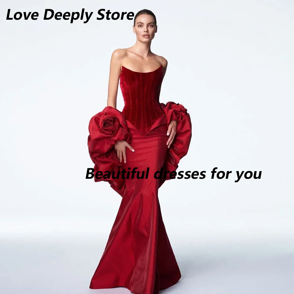 

Red Evening Dresses for Women Sexy Strapless Floor Length Prom Dress 2025 Mermaid Backless Handmade Flowers Wedding Party Dress