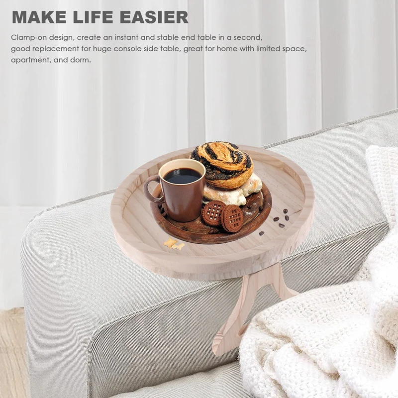 ABXF-소파 팔 클립 테이블, 천연 나무 소파 팔걸이 클립 온 트레이 테이블 소파 소파 팔걸이 주최자, 라운드