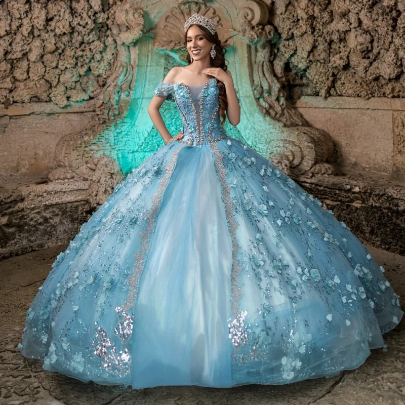 

Небесно-голубое платье Quinceanera с открытыми плечами, бальное платье Sweet 16, платье с блестками и аппликацией из цветов и бусин, тюлевое платье для дня рождения, Vestidos 15
