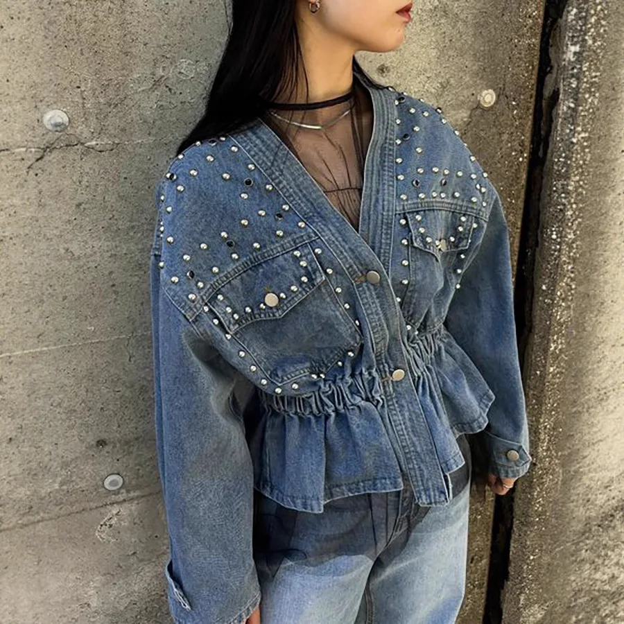 Beaded Rhinestone Cropped Denim Jacket 2026 Women's Spring Autumn New Fashion High Class Elastic Waist V Neck Long Sleeve Bomber