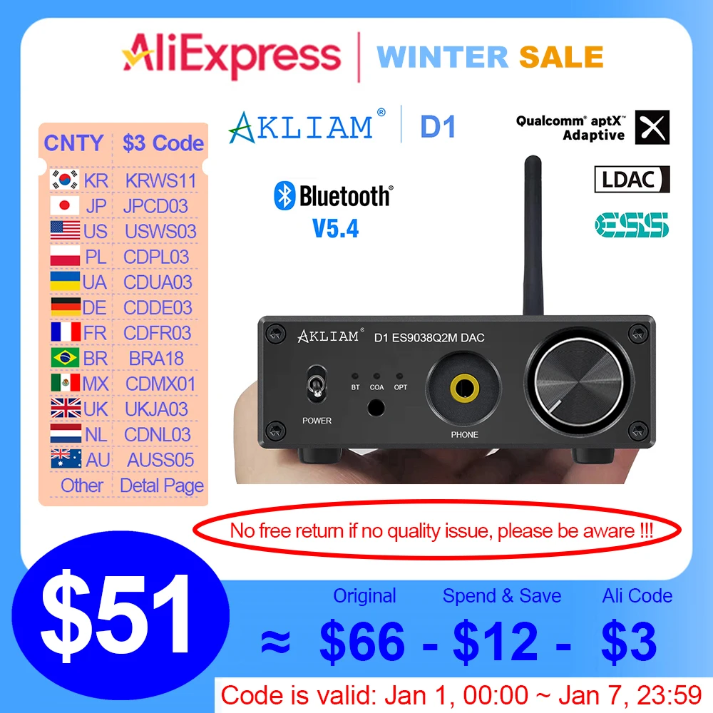 AkLIAM D1 ES9038Q2M DAC APTX-HD LDAC Aptx-Adaptive QCC3084 Bluetooth 5.4 DAC HIFI Sound Decoder