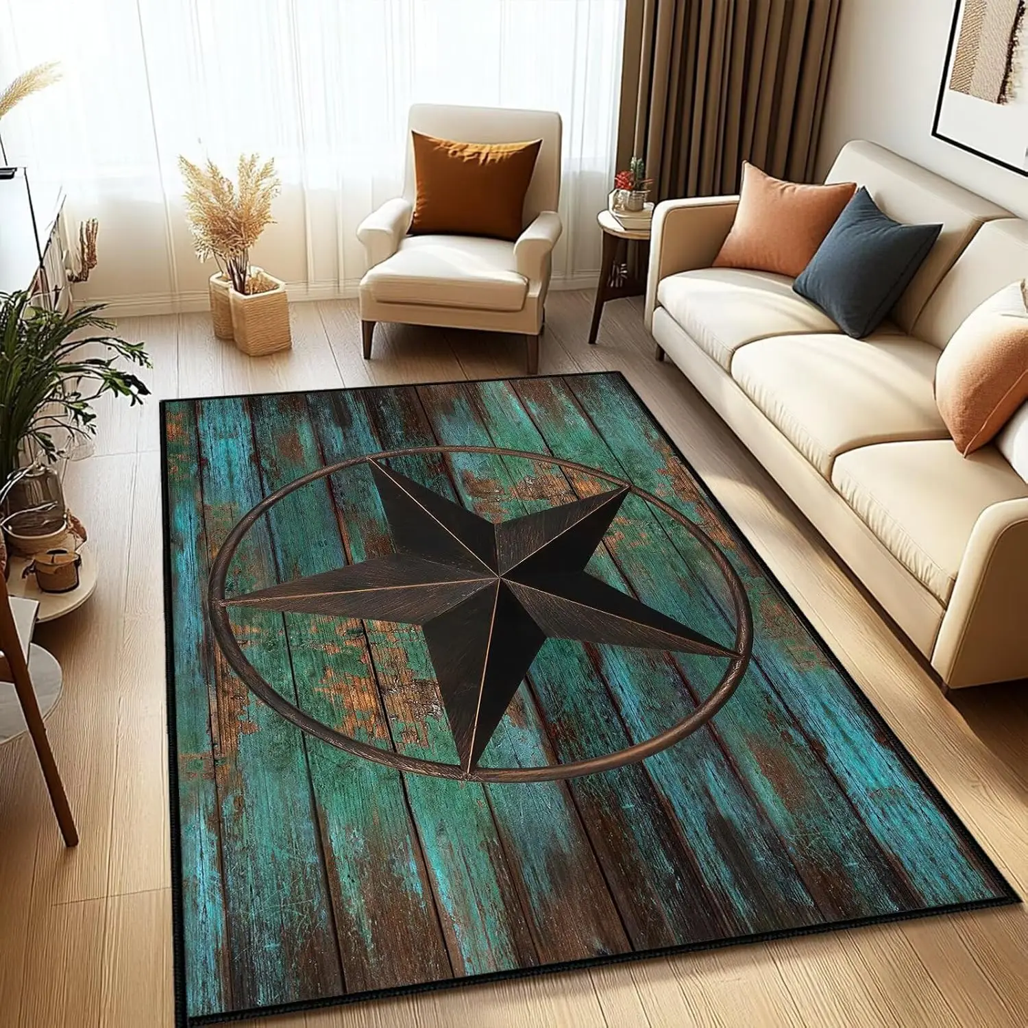 Vintage Entryway Rug Western Rugs Washable Kitchen Rug,Barn Texas Star on Old Wooden Plank,Non-Slip Low Pile Indoor Door Mat