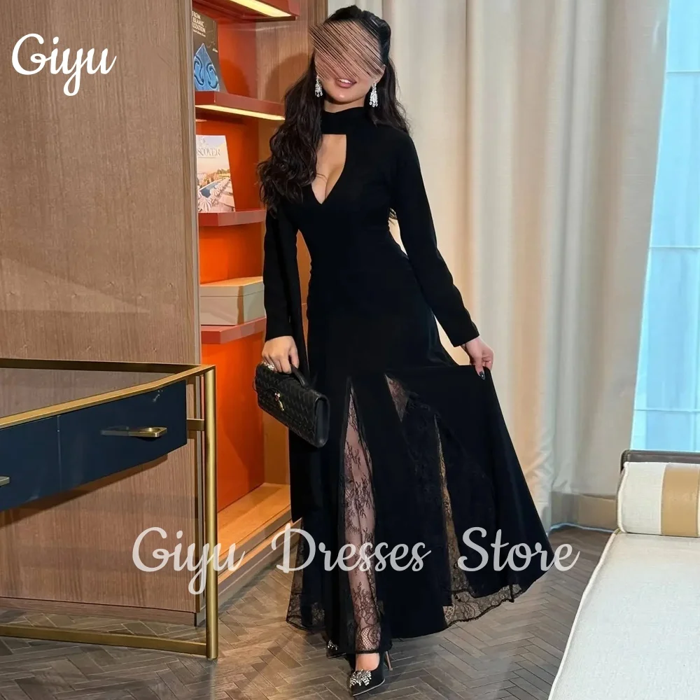 

Giyu Elegant Black Velvet Formal Evening Dresses Arabic Women Long Sleeve فساتين سهر Pleat Prom Gowns Party Customized Vestidos