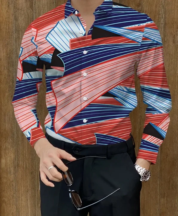 Men's Abstract Digital Print Casual Shirt - Red Blue White Modern Art-Inspired Long Sleeve Button-Up,