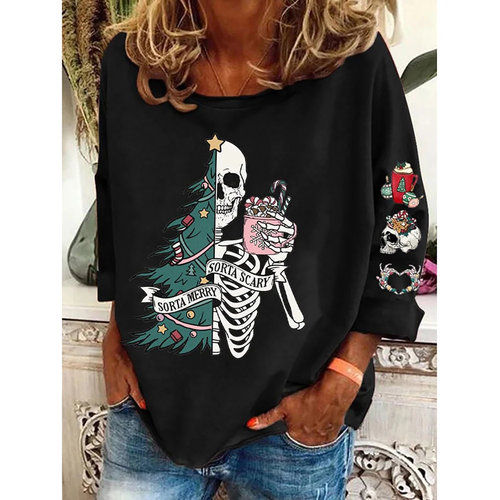 Women's Long Sleeve Cotton T-Shirts Christmas Print And Skulls Pattern Top Fashion Women's Loose Clothing Female Red Sweatshirt