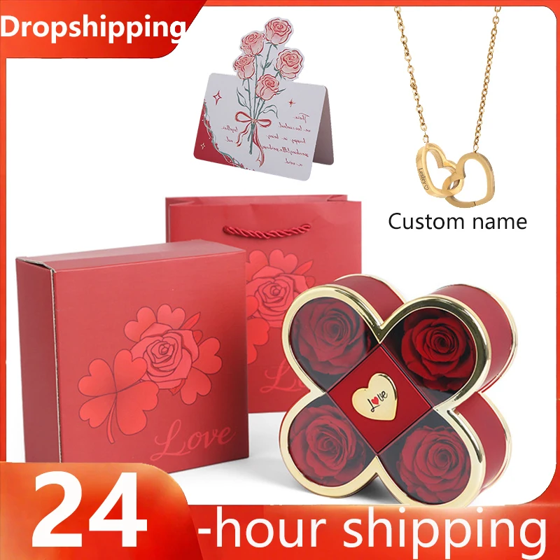 

4-Leaf Clover Eternal Rose Jewelry Box Double Heart Necklace Anniversary Valentine's Day Gift Free Dropshipping Wholesale