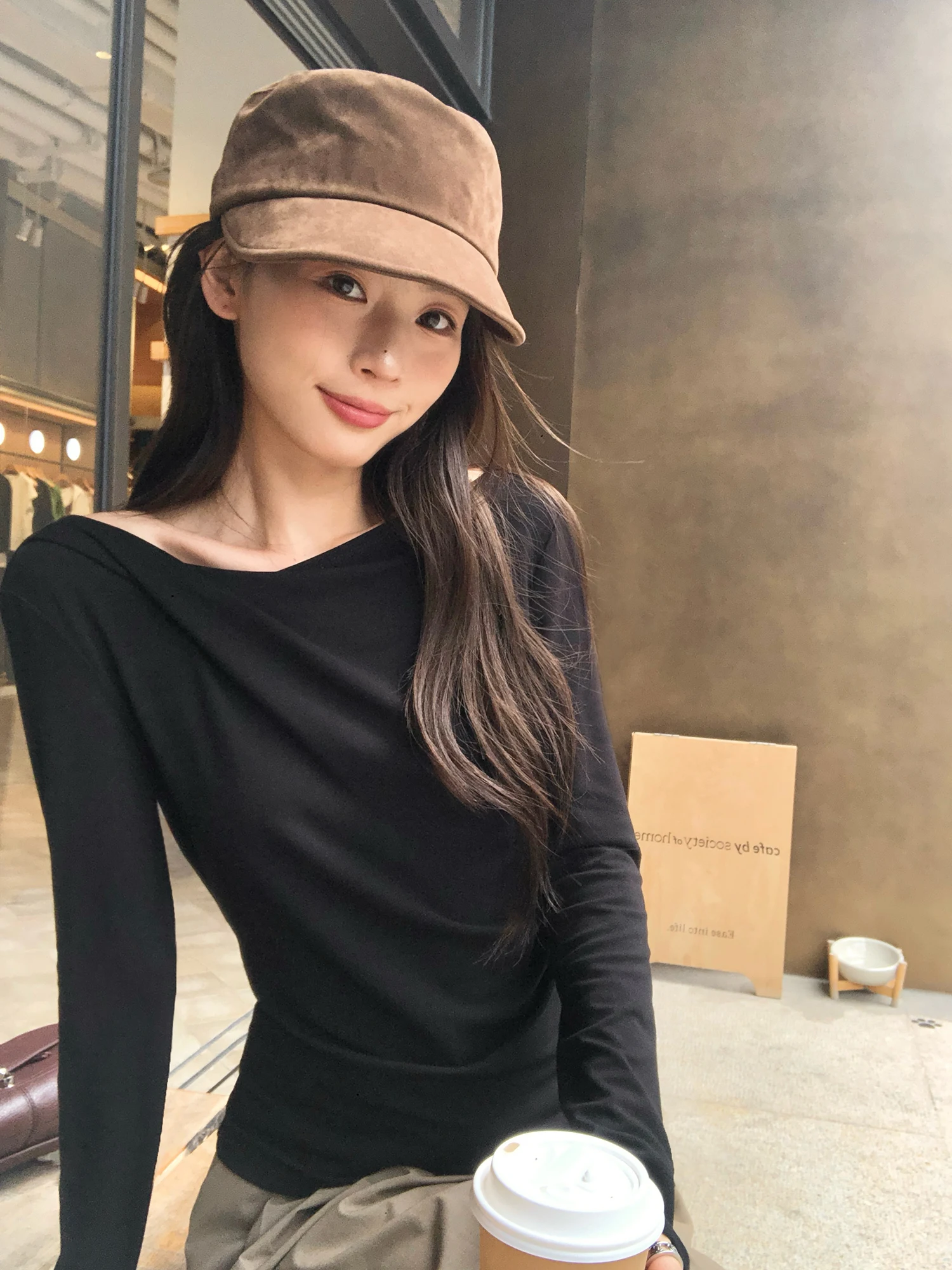 Pusumede Slim Fit Knitted Long Sleeve Base Shirt Women's Lockbone Leakage Casual Style Shoulder Angle T-Shirt Striped Pattern