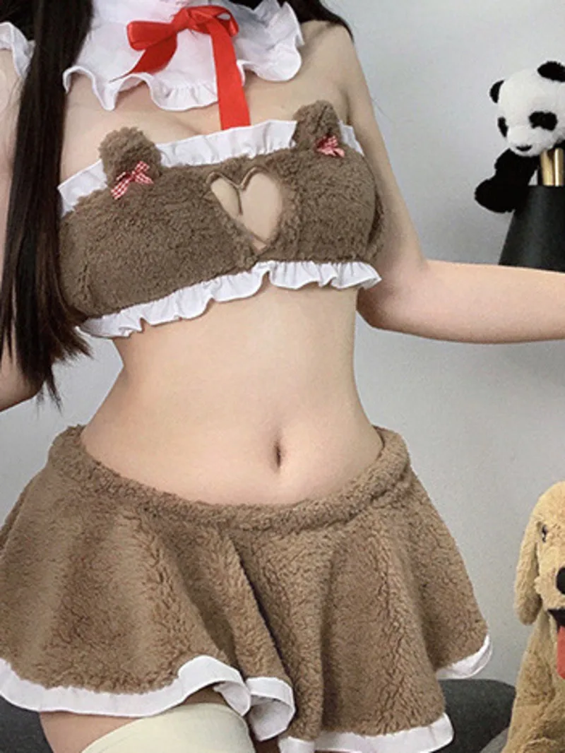 Fun Underwear Set Love Open Chest Cat Ear Plush Pajamas Women\'s Sexy Split Open Navel Two Piece Outfits For Women Summer NVHC
