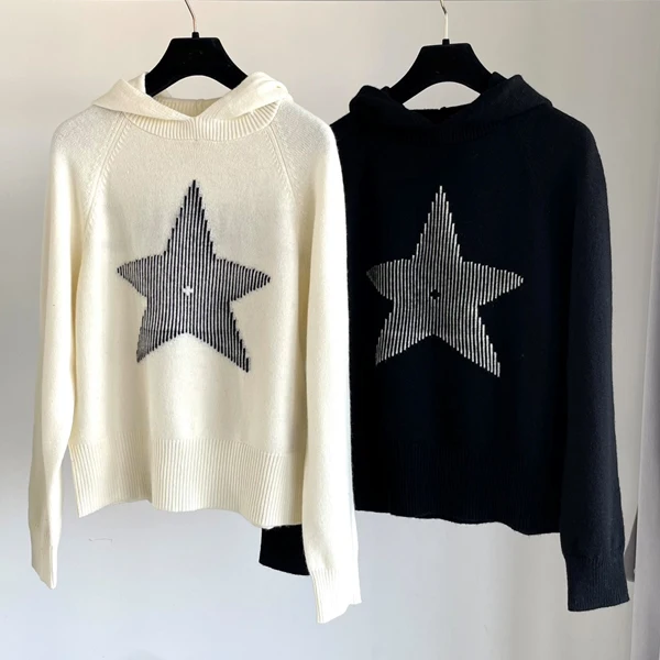 

Faionable 2025 Autumn Winter Women's Camere Knitwear Hooded Star Letter Sweater Slimming Long Sve Casual Sle Pure Color