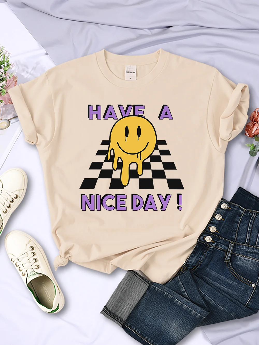 Have A Nice Day Melting Happy Face Printing T Shirt Women Breathable Cool Tops Street Casual Short Sleeve Soft Tshirt Female