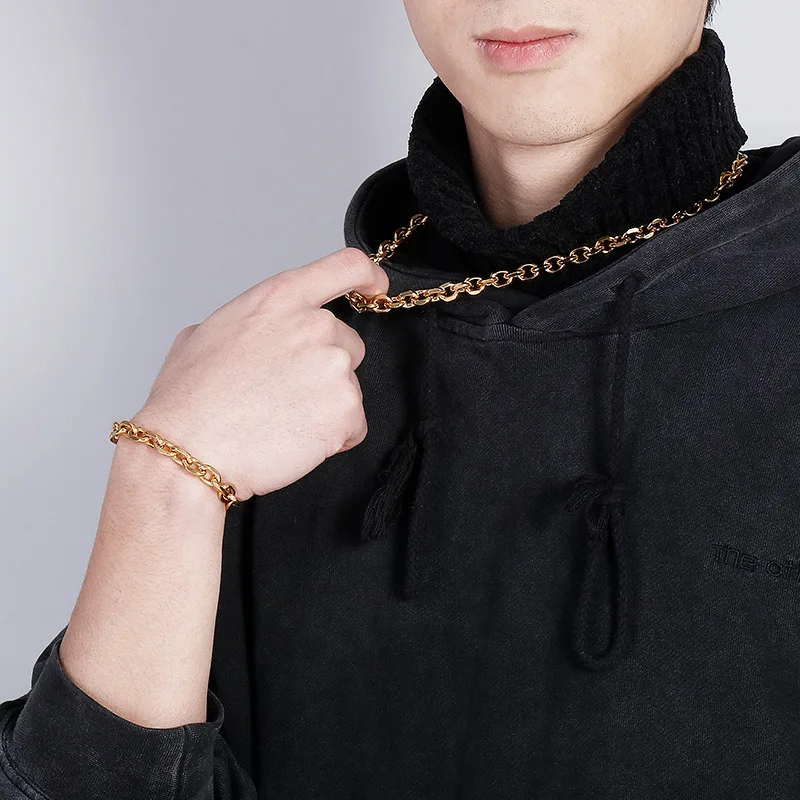 Hip Hop Stainless Steel Bracelet Necklace Set Men Women Cable Link Chain Vintage Aestethic Kpop Jewelry Accessories Width 5mm