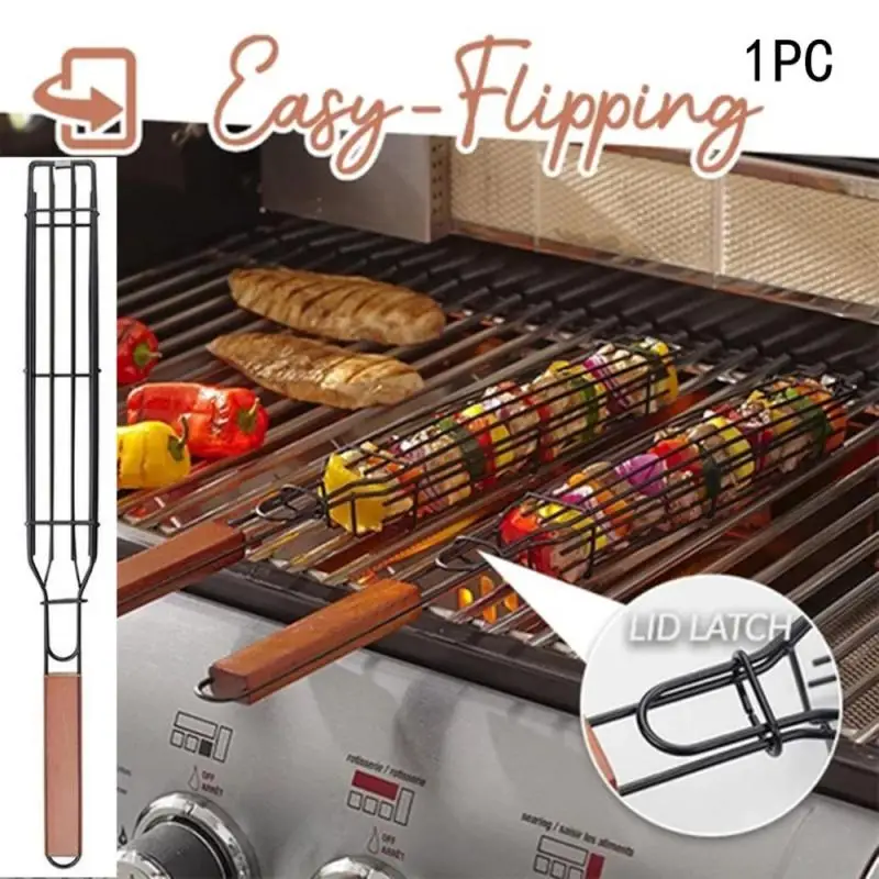 1PC Portable BBQ Grilling Basket Durable Stainless Steel Anti-Corrosion Wooden Handle Grill Meat Clip Outdoor Barbecue Supplies