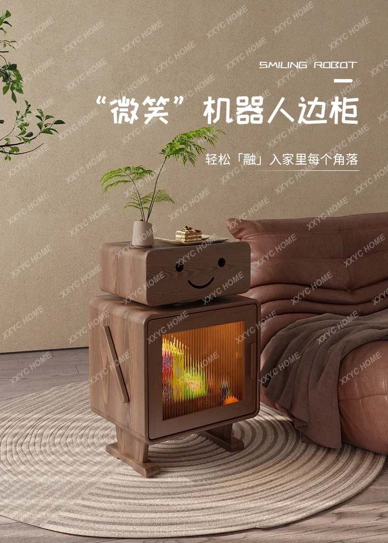 

A Robot side cabinet with lamp solid wood TV storage creative bedside table