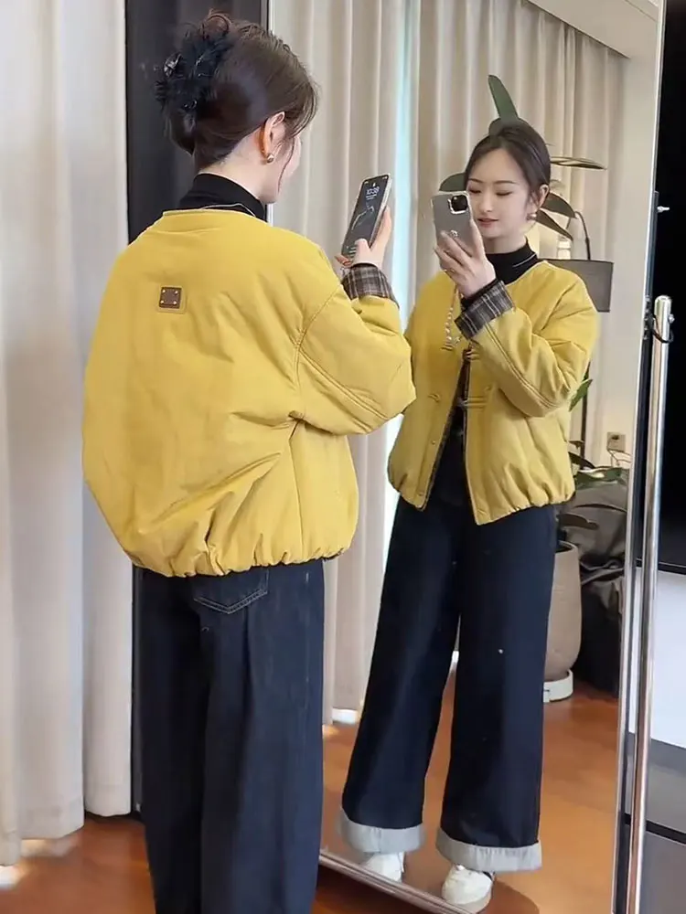 

Ретро-куртка с круглым вырезом, повседневная, из хлопка, женская, свободного кроя, модная, с цветными блоками, осенне-зимняя, новый стиль, для поездок на работу, утепленная...