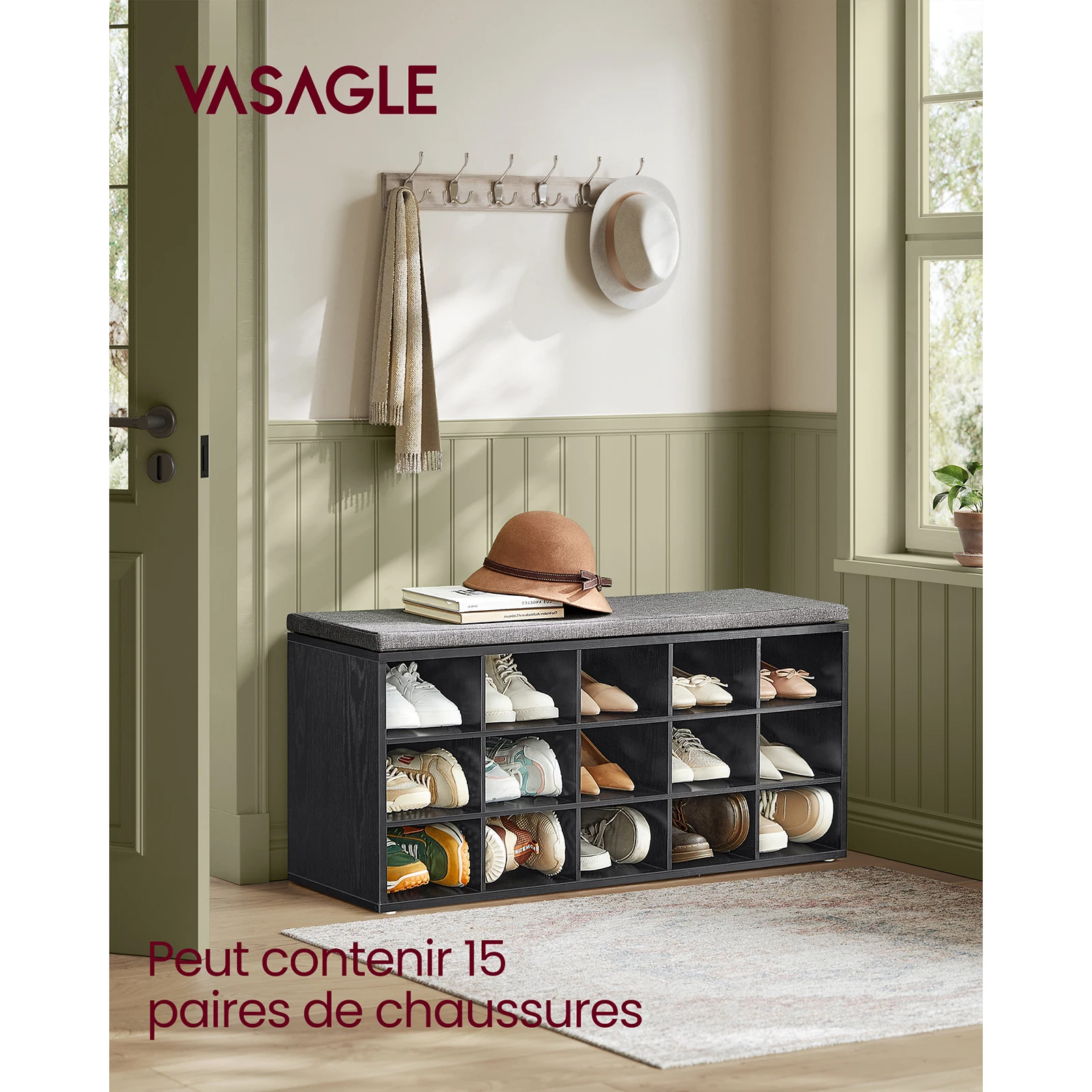VASAGLE Banc à Chaussures, Organiseur de Chaussures avec 15 Compartiments, Siège Rembourré, pour Entrée, Couloir, Placard