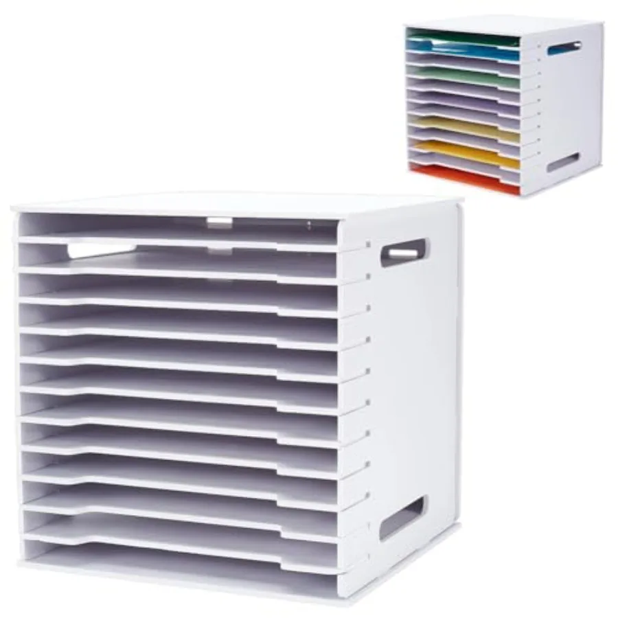 

PVC Paper Storage Rack 13x12.2x13 Scrapbook Paper Organizer DIY File Organizer Paper Sorter 12 Tier Adjustable Shelves Organize