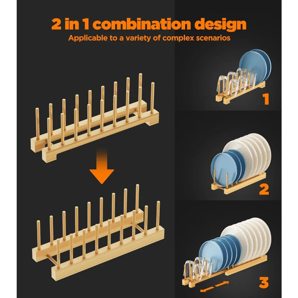 Conjunto de 2 cremalheiras de secagem de prato de bambu, organizador de placa ajustável para armário, economia de espaço para pratos, tigelas, copos, tampas de pote e corte