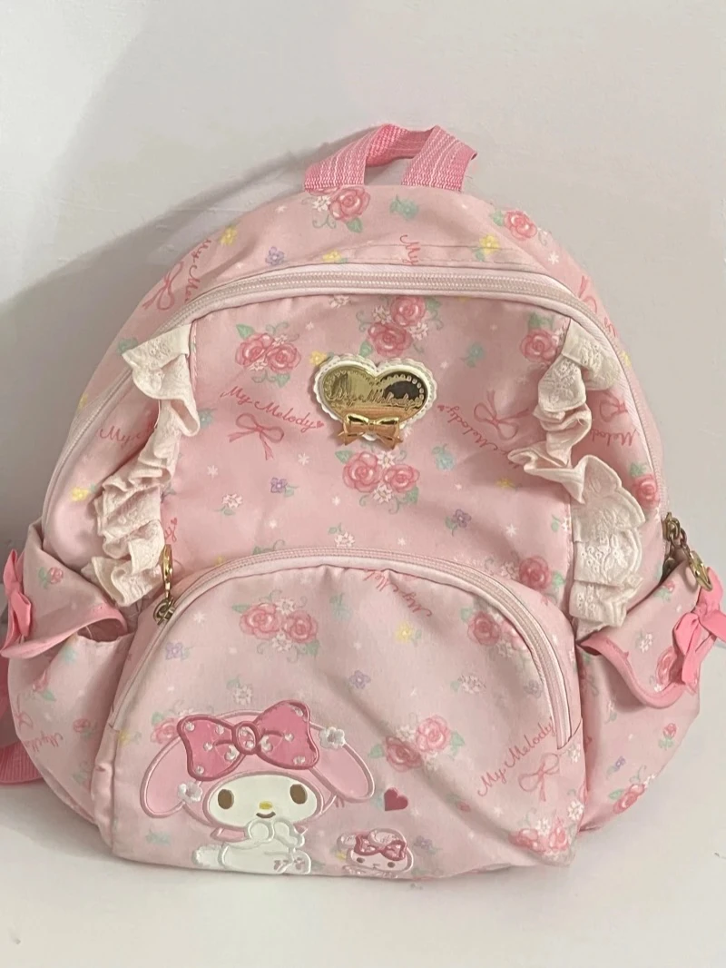 New My Melody Sanrio Sweet and Cute Girl Heart Backpack Y2k Cartoon Schoolbags Fragmented Flower Zipper Backpack for Women