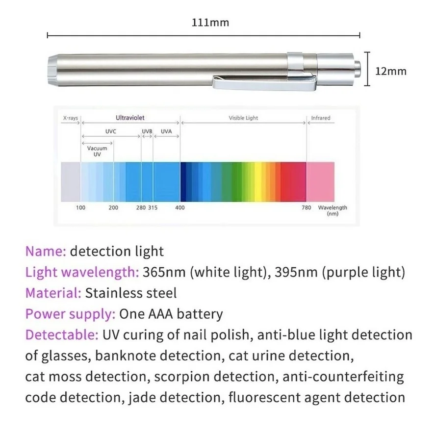 LED Stainless Steel Mini Lamp 395/365 UV Flashlight Torch Ultra Violet Light AAA Battery for Marker Checker Detection