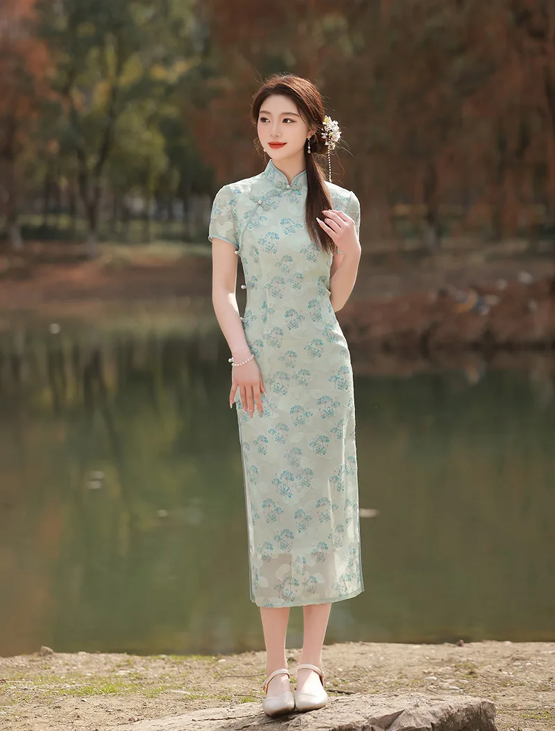 

Sexy Women's Mandarin Collar Jacquard Chiffon Qipao Retro Short Sleeve Cheongsam Chinese Evening Dress