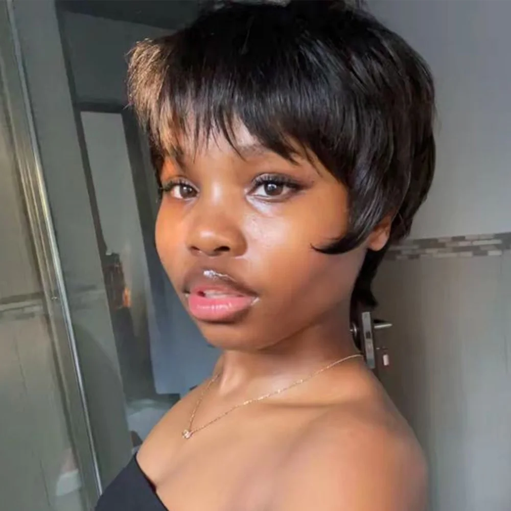 Короткие парики боб из натуральных волос с челкой Натуральный черный короткий парик Короткие многослойные парики Полностью машинного производства для чернокожих женщин