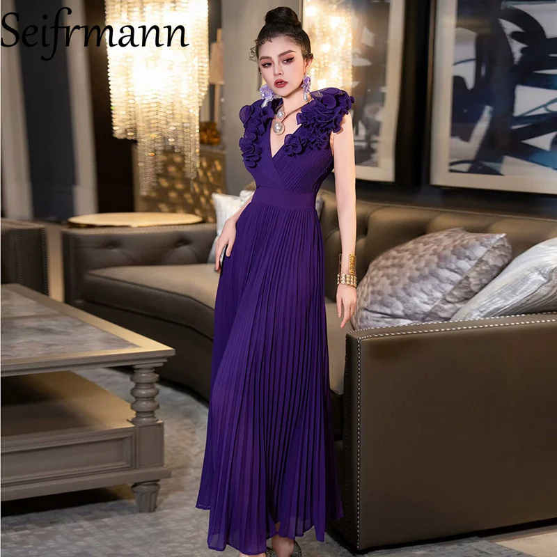 Seifrmann ソリッドノースリーブアップリケロングドレス V ネックハイウエストプリーツデザイン女性のパーティーイブニングドレス