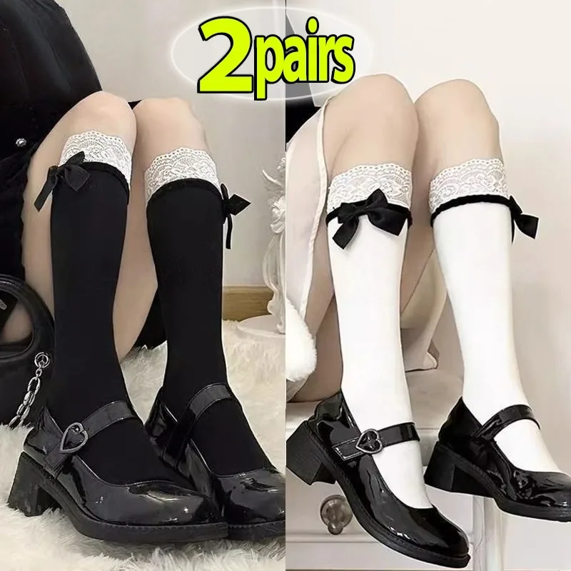 

1-2pairs Spring Summer Lace Socks Sweet Girls Slimming Thin Bowknot Calf Socks Fashion Lolita Style Women's Long Tube Stockings