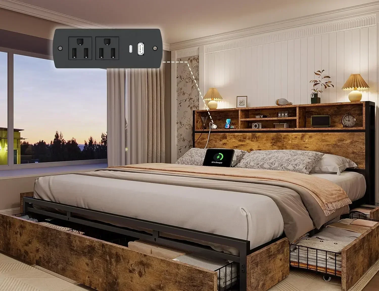 

Флеш-распродажа! Горячие предложения! Кровать King Size с 6 выдвижными ящиками для хранения, каркас кровати King Size и изголовье, кровать с функцией хранения и зарядной станцией.
