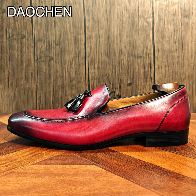 LUXURY BRAND MEN LEATHER SHOES RED TASSEL LOAFERS SLIP ON ELEGANT MEN DRESS SHOES WEDDING OFFICE CASUAL MEN SHOES