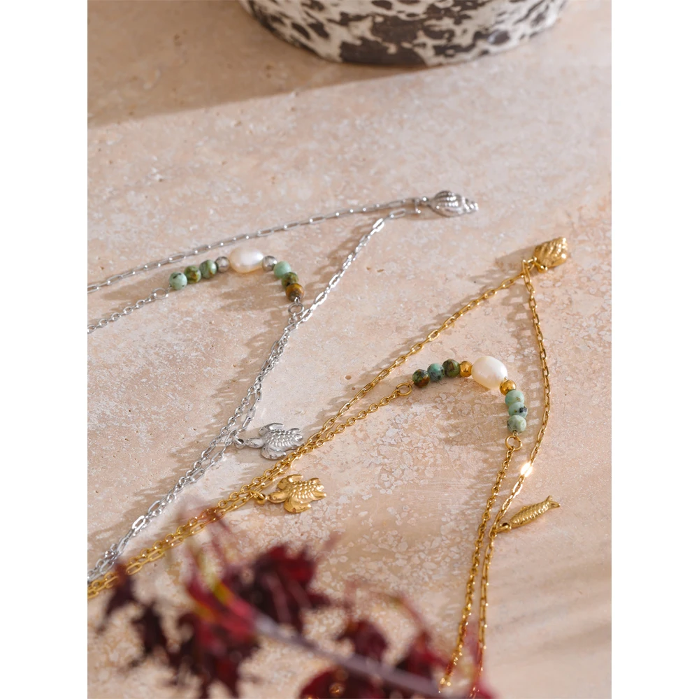 Yhpup الصيف نمط طبقة مزدوجة سلسلة محارة السلاحف الأسماك قطرة قلادة 316L الفولاذ المقاوم للصدأ الحجر الطبيعي اللؤلؤ سلسلة مجوهرات