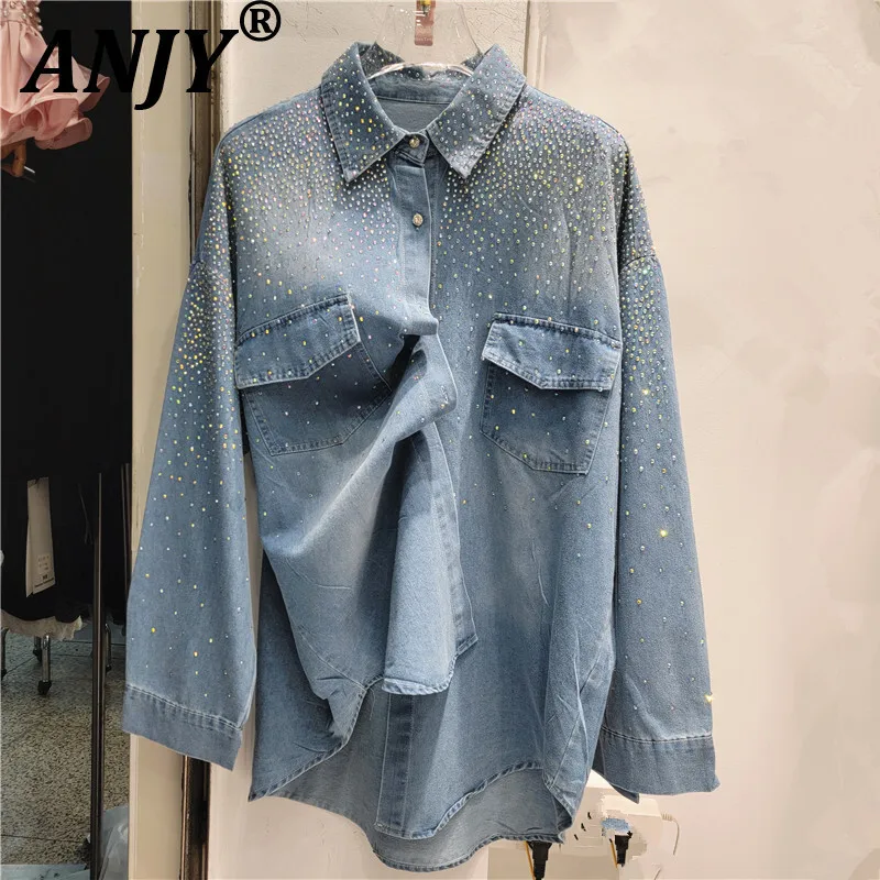 

ANJY, осенняя женская уличная одежда, модная ковбойская рубашка, куртка для тяжелой промышленности, горячее тиснение, бриллианты, повседневный джинсовый верхний слой, топ A11238