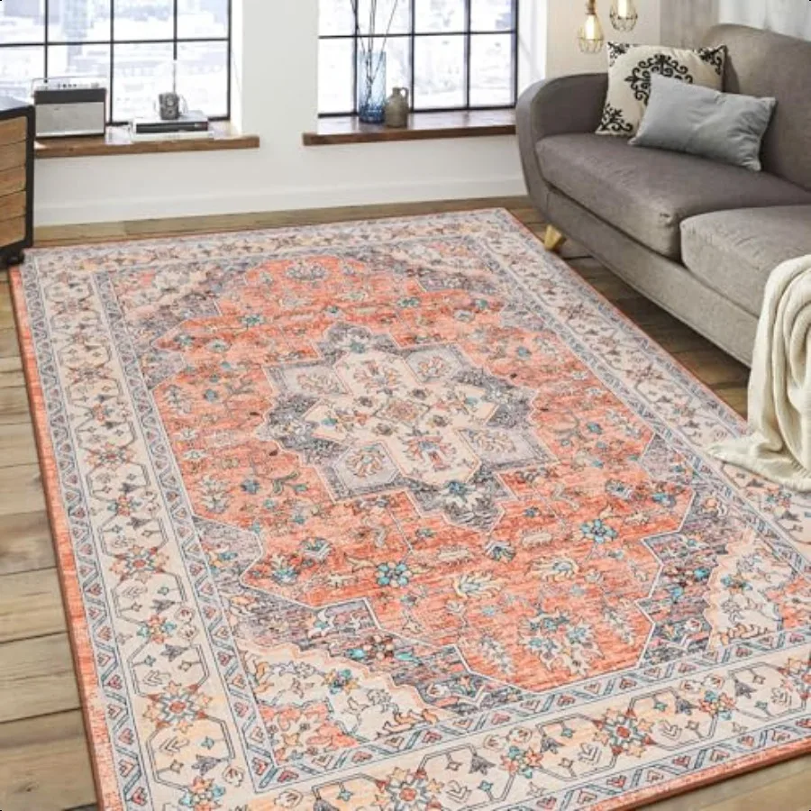 

Area Rugs for Living Room 4x6 Orange Floral Medallion Washable Rug for Bedroom Faux Wool Ultra Soft Retro Accent Rug Non Slip