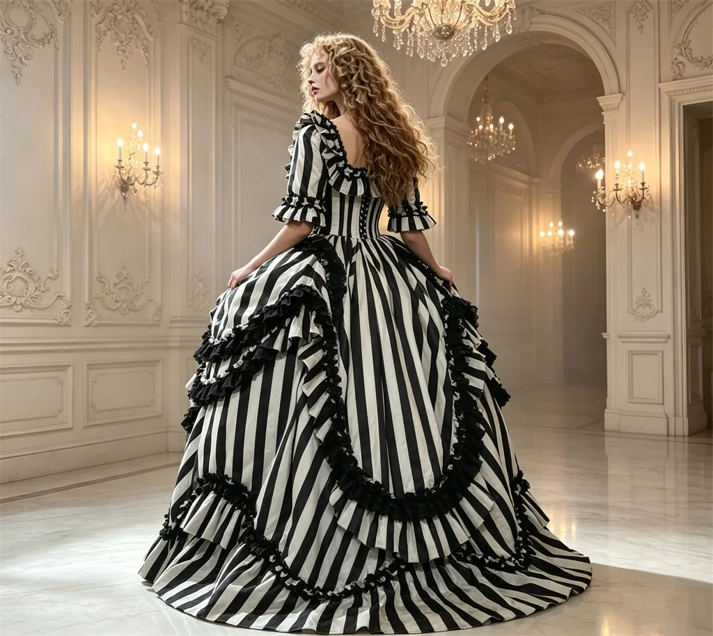 Sleepy Hollow Katrina Van Tassel Cosplay Gothic Renaissance Viktorianisches Schwarz-Weiß Gestreiftes Kleid Vintage Maskerade-Kleid