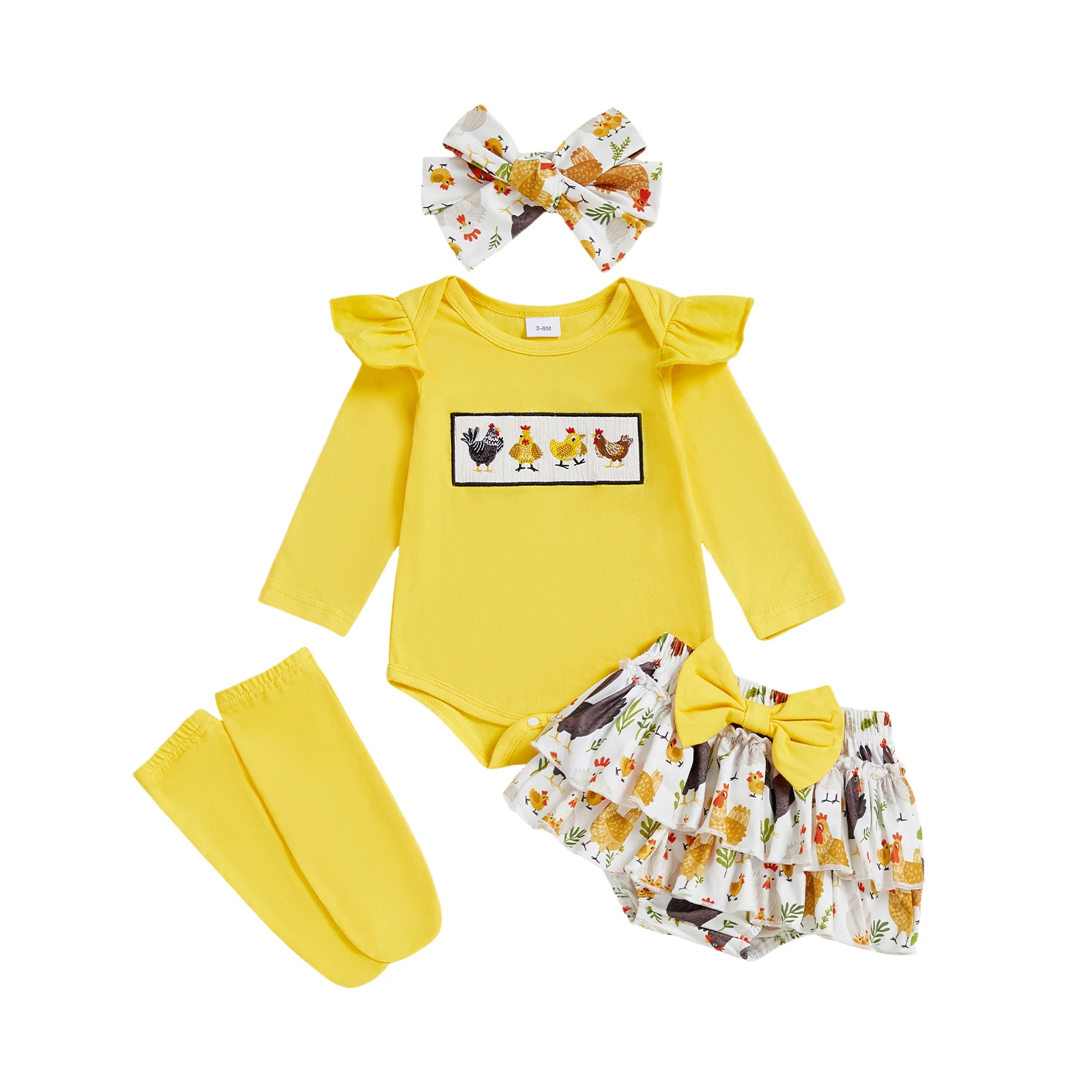 

Toddler Girl Floral Print Long Sleeve Romper with Ruffle Detail Matching Tiered Skirt Bow Headband and Socks - 4 Piece Set