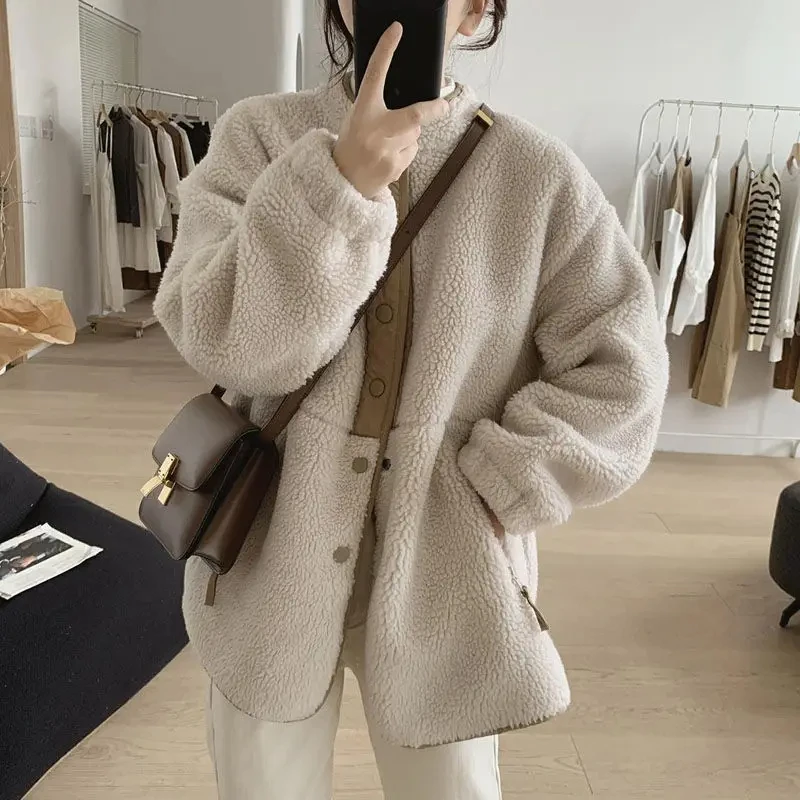 

Y2k Корейская версия зимняя одежда, женские куртки, пальто из овечьей шерсти, модные повседневные свободные толстые парки оверсайз, пальто с длинным рукавом