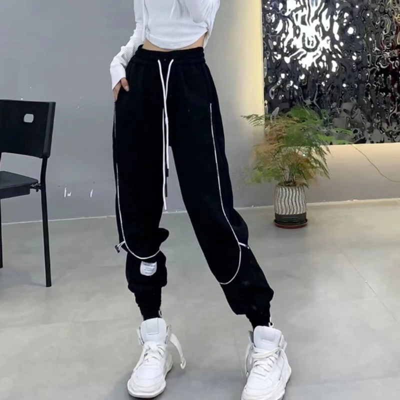 2024 Women's Autumn New Spliced Elasticized High-waisted Pocket Fashion Solid Casual Bundle Foot Loose Drawstring Haren Pants