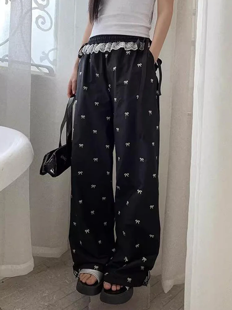 Coquette Oversize Women High Waist Pants Korean Fashion Bow Print Casual Baggy Pantalones Streetwear Harajuku Trousers E-girl