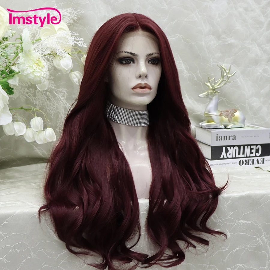 Peruca frontal de renda sintética para mulheres, peruca de cobre vermelho escuro, linha fina natural, peruca ondulada longa, resistente ao calor,