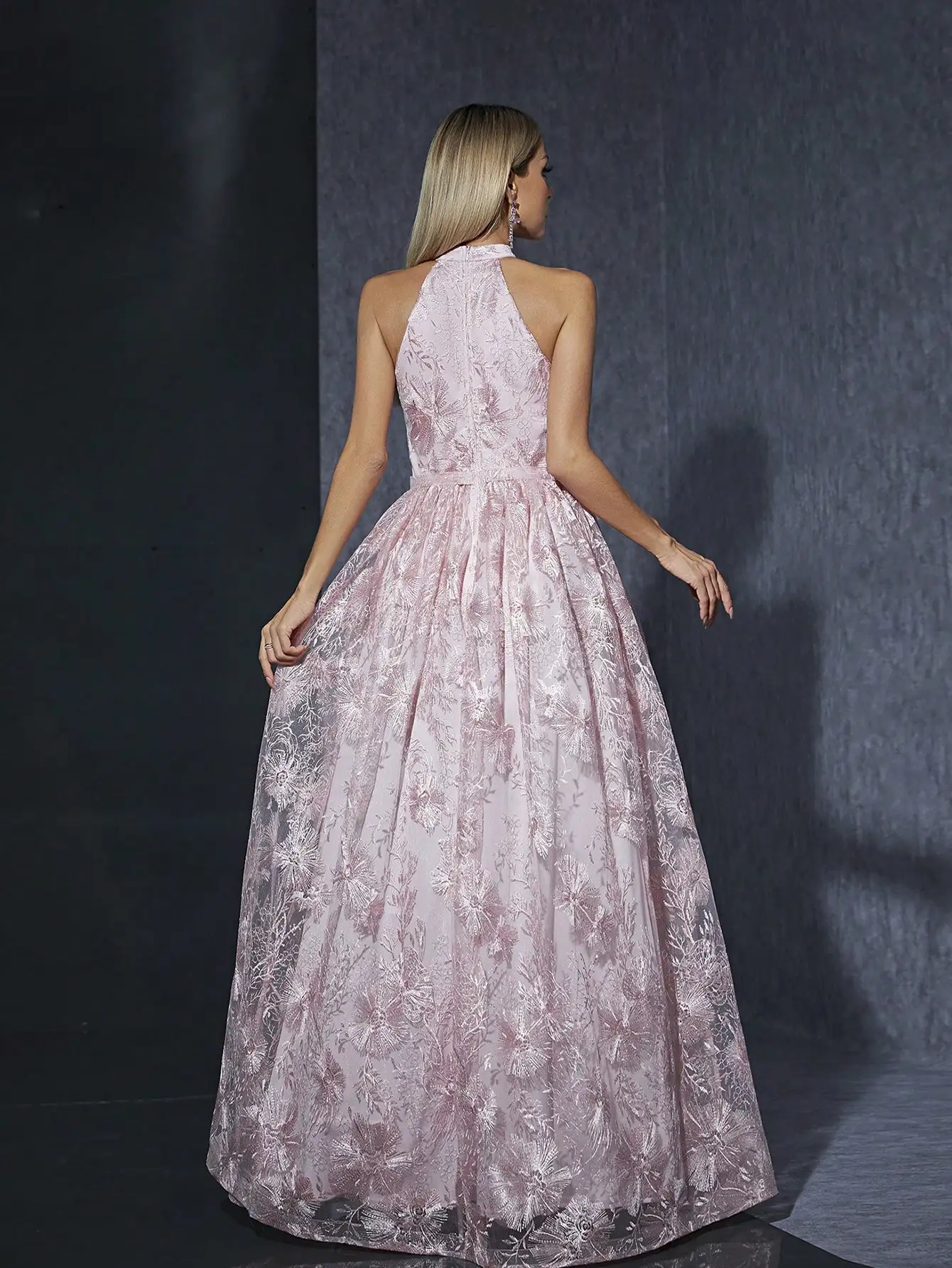 MGIACY Wysokiej klasy suknia wieczorowa z kopertowym golfem i haftowaną koronką bez rękawów