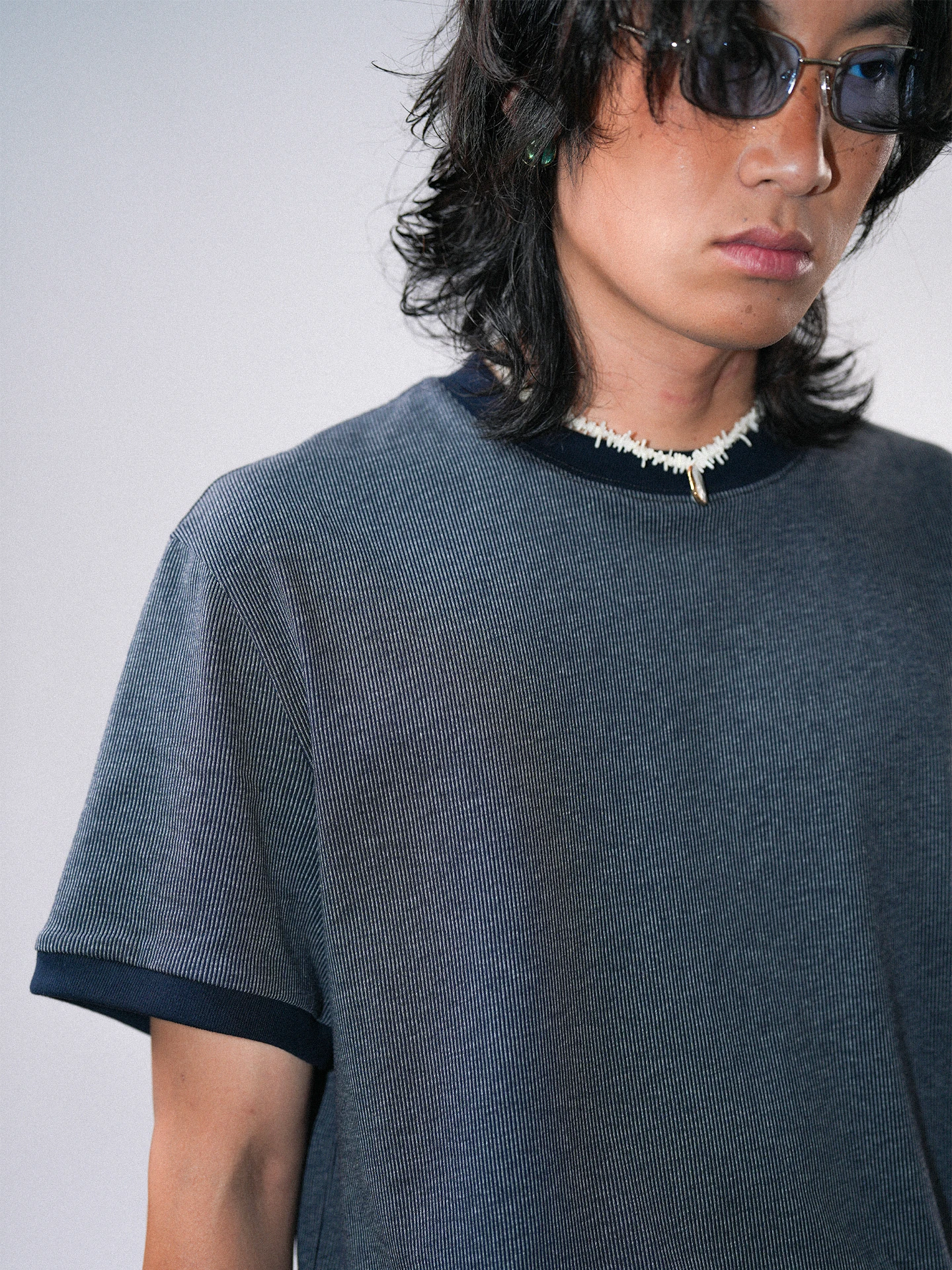 O3PARK New Casual Style Micro Loose Fit  Color Short Sleeve round Neck T-Shirt Double Color Ribbed Preppy Style Commute