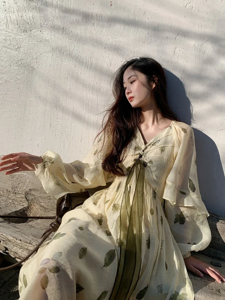 Abito da fata floreale vintage francese Abito da donna casual elegante stile spiaggia Abito da festa in chiffon Abito intero da donna coreano Estate 2023