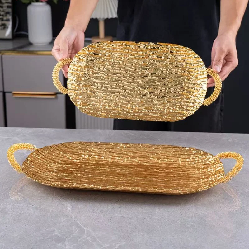 European Fruit Tray, Household Metal Bark Texture Shape Exquisite Handle Cake Plate,Gold Snack Plate Wedding Decoration,20inch