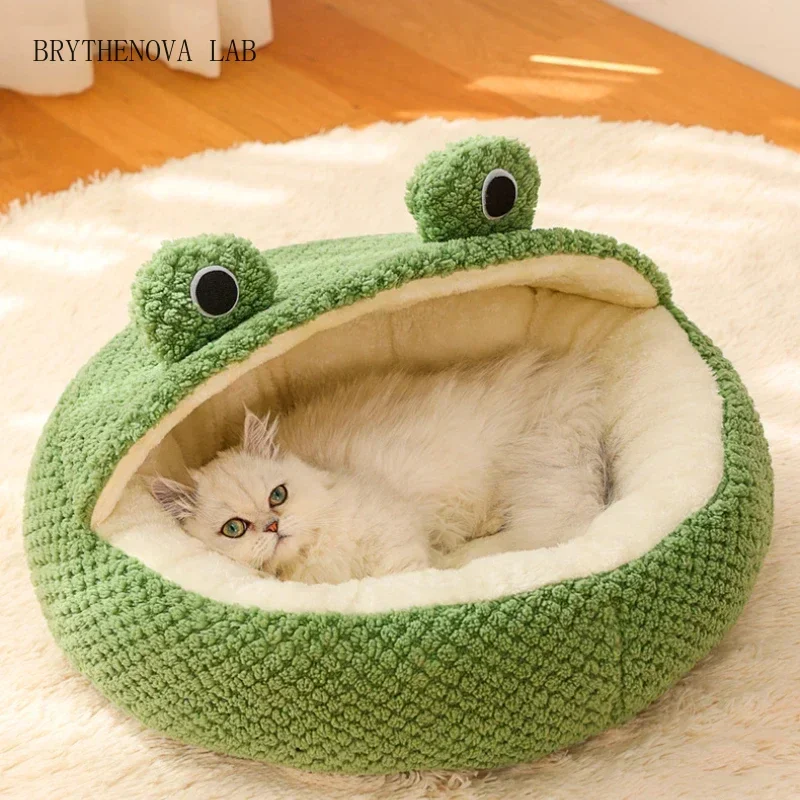 Frog Shape Pet Bed Warm Enclosed Cat Bed with Soft Plush Lining Cute Animal Pet Nest Cats Small Dogs Washable Comfortable