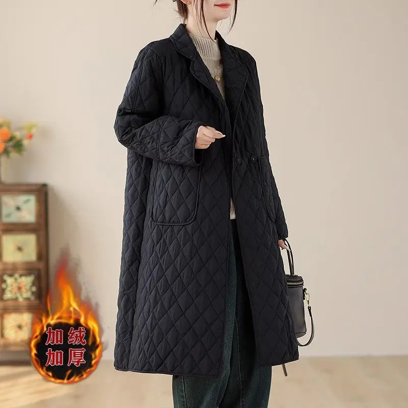 2023 Autumn/Winter Large Size Women\'s Clothing Retro Loose Solid Color Suit Collar Quilted Down Cotton Jacket Mom\'s Coat Z3712